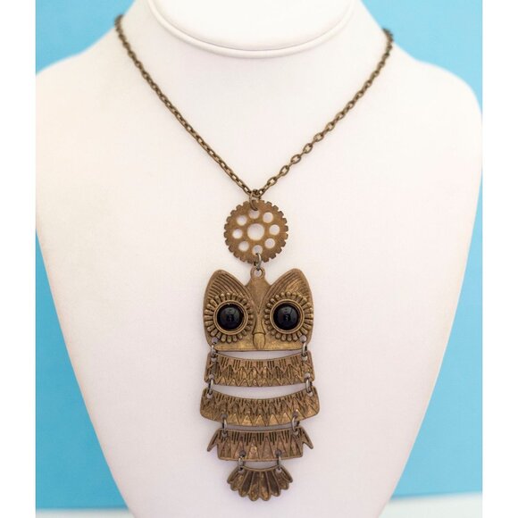 Vintage Mid-century Antique Tone Necklace with Owl Pendant 30 Inches - S24 - Picture 2 of 3